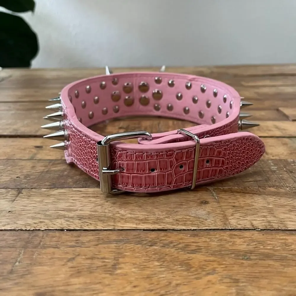 Pink Spiked Dog Collar Faux Croc Leather Medium Large 2
